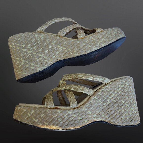 Vintage 90s Y2K Beige Chunky Platform Wedge Sandals Heels Size 10 Raffia Woven - Picture 6 of 9